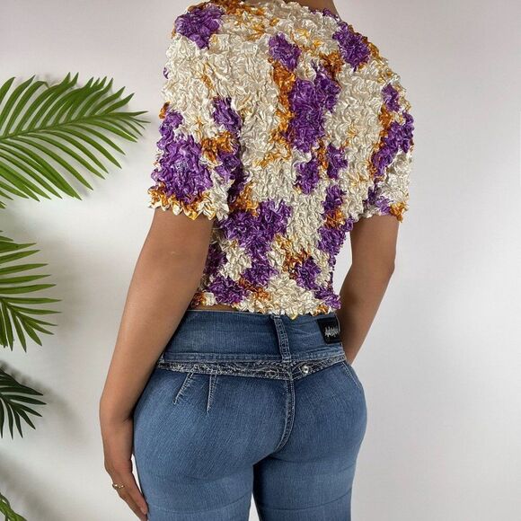 Vintage Y2K Purple & Gold Stretchy Magic Bubble Shirt Popcorn Top / One Size - Picture 2 of 5